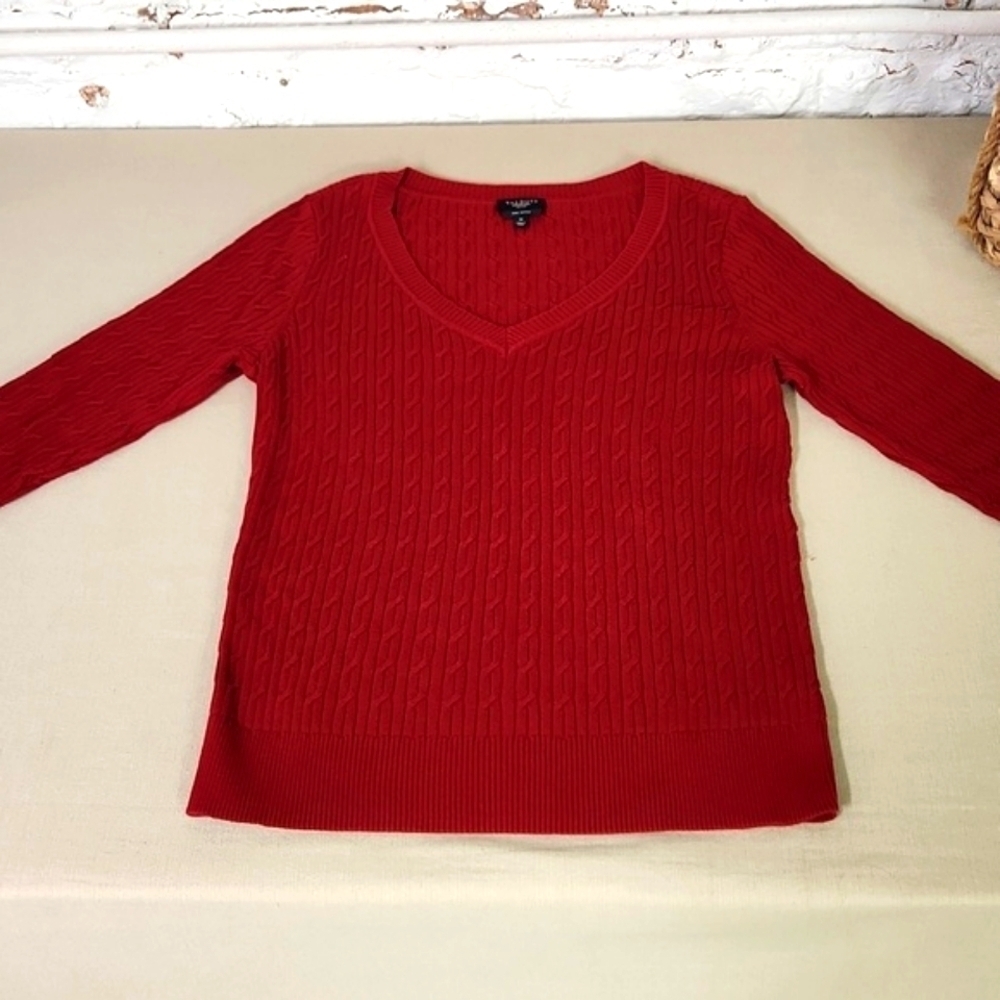 Talbots 💯 Cotton Dark Red Cable Sweater Size Med Petite